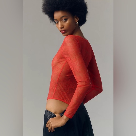 By Anthropologie floral lace bodysuit in red  - size small - Picture 2 of 12